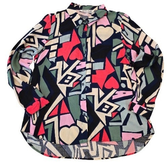 Big Dart Tops - Retro 80s Sz 8 Abstract Blouse Womens Pink Green Funky Pop Art Button Down Comic